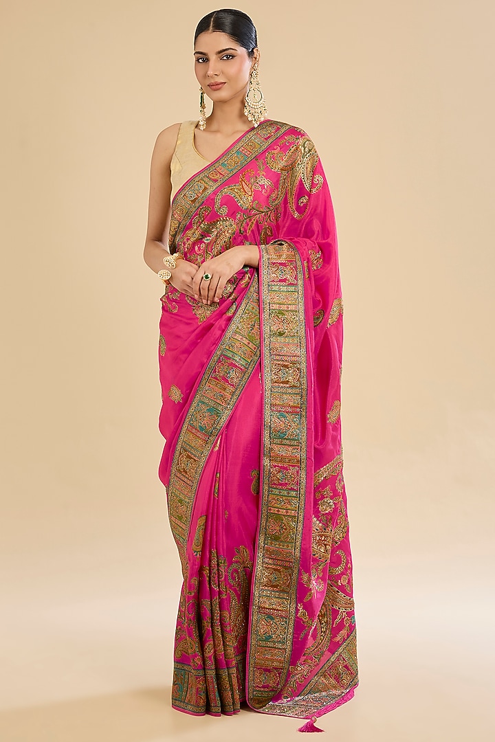 Hot Pink Crepe Silk Sequins Embroidered Party Wear Saree Set by Narmadeshwari at Pernia's Pop Up Shop