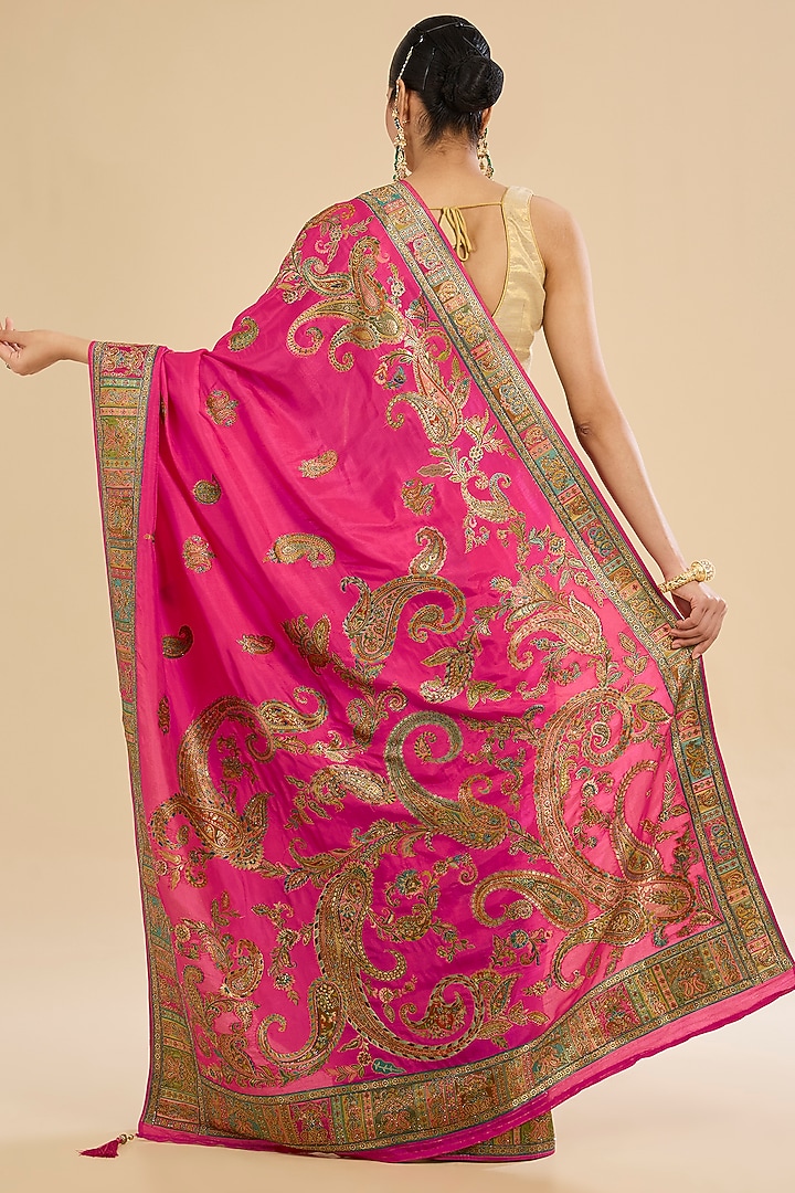 Hot Pink Crepe Silk Sequins Embroidered Party Wear Saree Set by Narmadeshwari at Pernia's Pop Up Shop