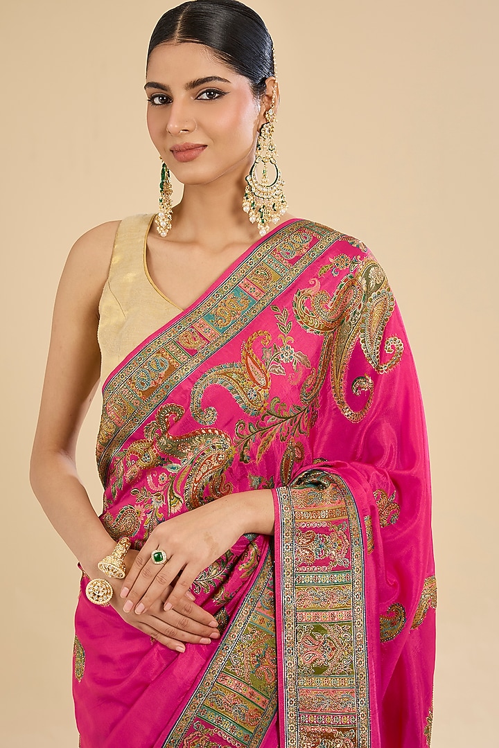 Hot Pink Crepe Silk Sequins Embroidered Party Wear Saree Set by Narmadeshwari at Pernia's Pop Up Shop