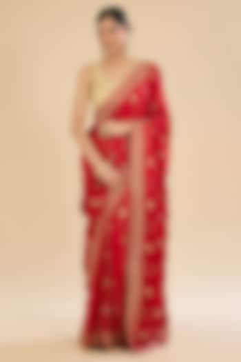 Red Satin Cutwork Embroidered Handloom Party Wear Saree Set by Narmadeshwari at Pernia's Pop Up Shop