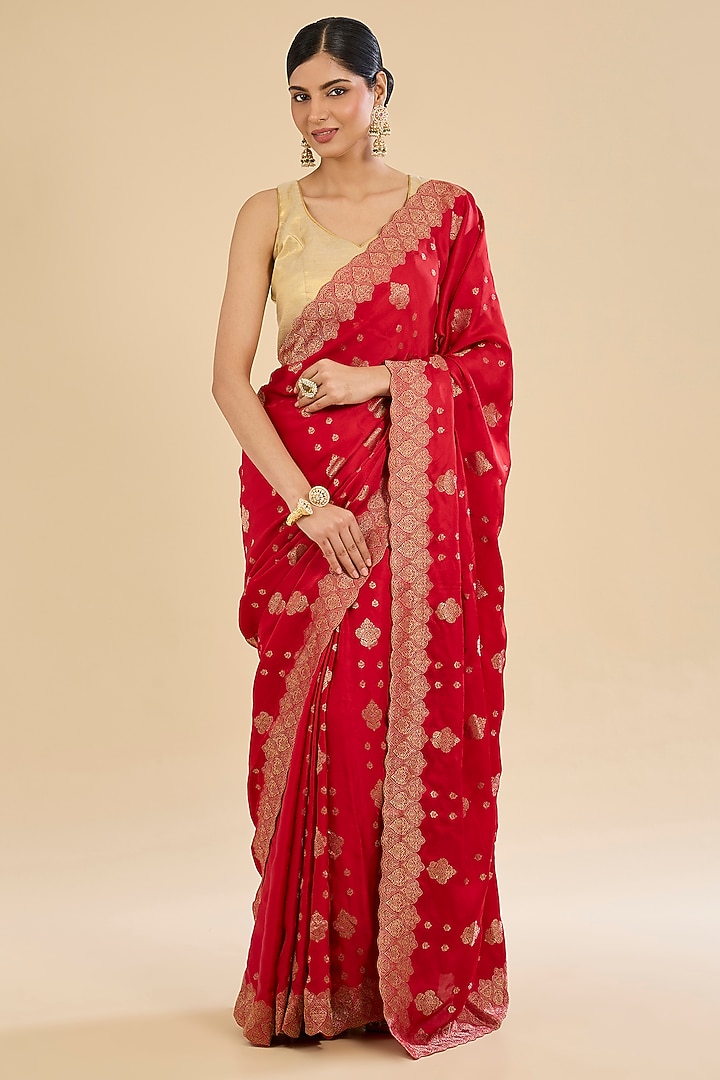 Red Satin Cutwork Embroidered Handloom Party Wear Saree Set by Narmadeshwari at Pernia's Pop Up Shop