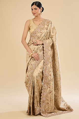 Golden Banarasi Silk Zari Embellished Saree Set by Narmadeshwari