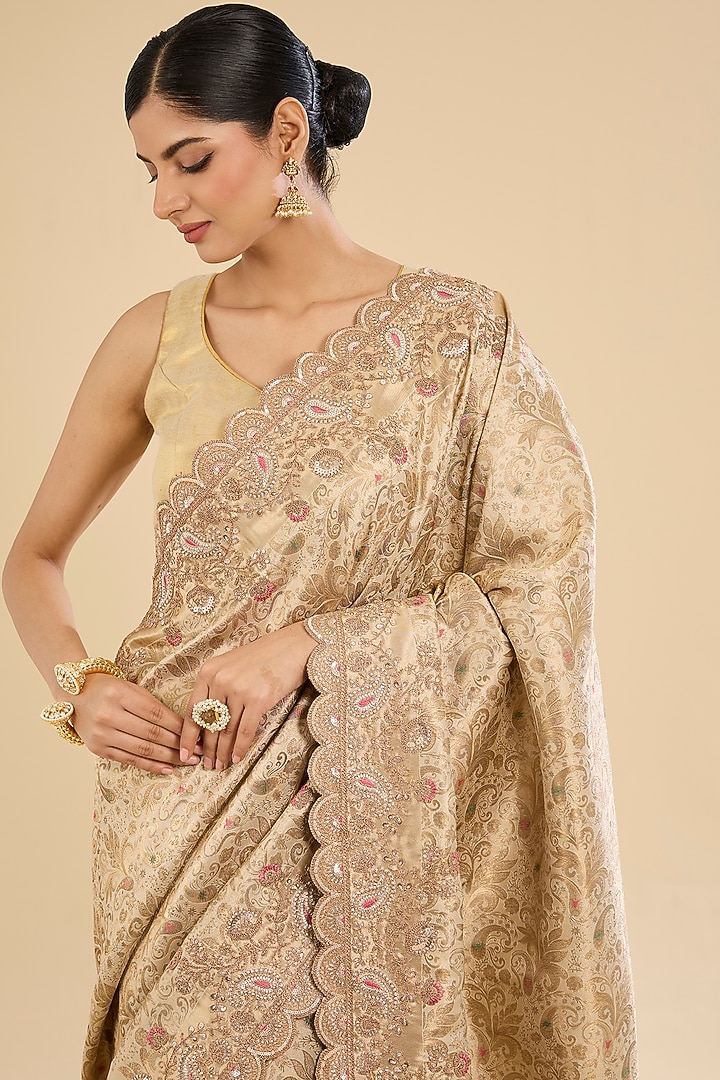 Golden Banarasi Silk Zari Embellished Party Wear Saree Set by Narmadeshwari at Pernia's Pop Up Shop