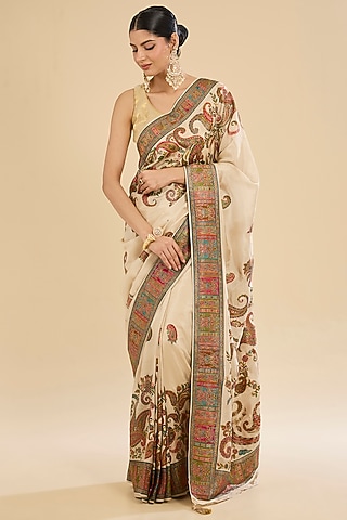 Beige Crepe Silk Swarovski Embellished Saree Set by Narmadeshwari