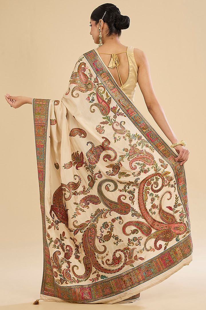 Beige Crepe Silk Swarovski Embellished Party Wear Saree Set by Narmadeshwari at Pernia's Pop Up Shop