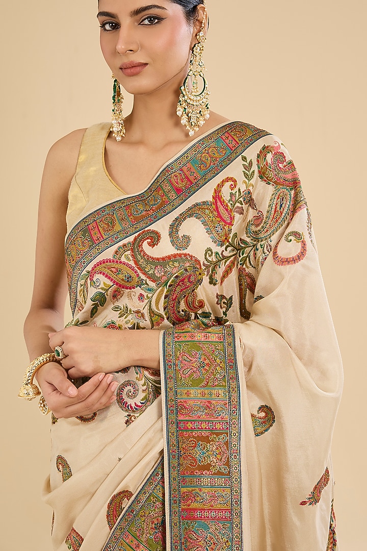 Beige Crepe Silk Swarovski Embellished Party Wear Saree Set by Narmadeshwari at Pernia's Pop Up Shop