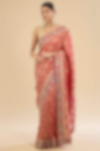 Pink Khadi Georgette Zaal Embroidered Party Wear Saree Set by Narmadeshwari at Pernia's Pop Up Shop
