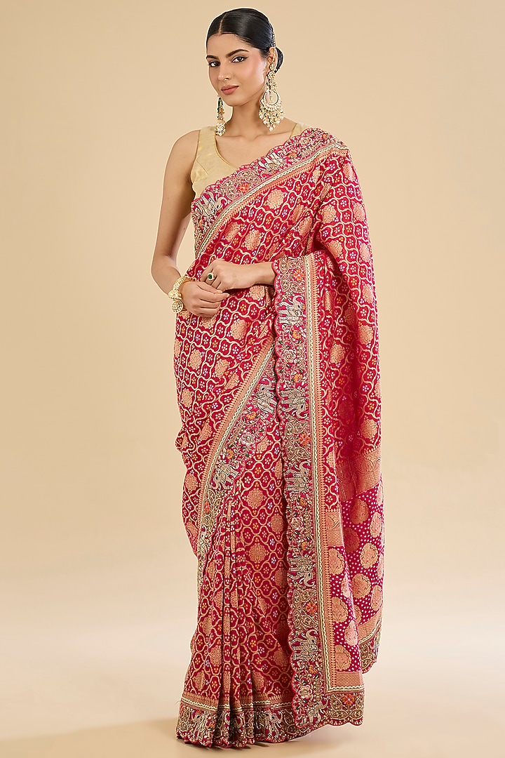 Pink Khadi Georgette Zaal Embroidered Party Wear Saree Set by Narmadeshwari at Pernia's Pop Up Shop