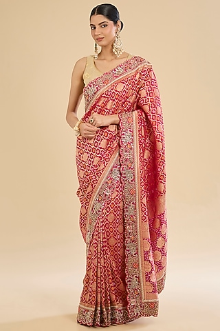Pink Khadi Georgette Zaal Embroidered Saree Set by Narmadeshwari