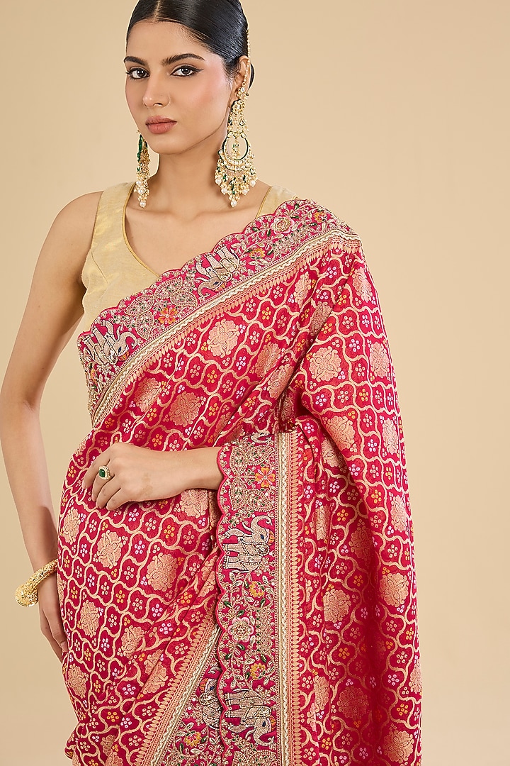 Pink Khadi Georgette Zaal Embroidered Party Wear Saree Set by Narmadeshwari at Pernia's Pop Up Shop