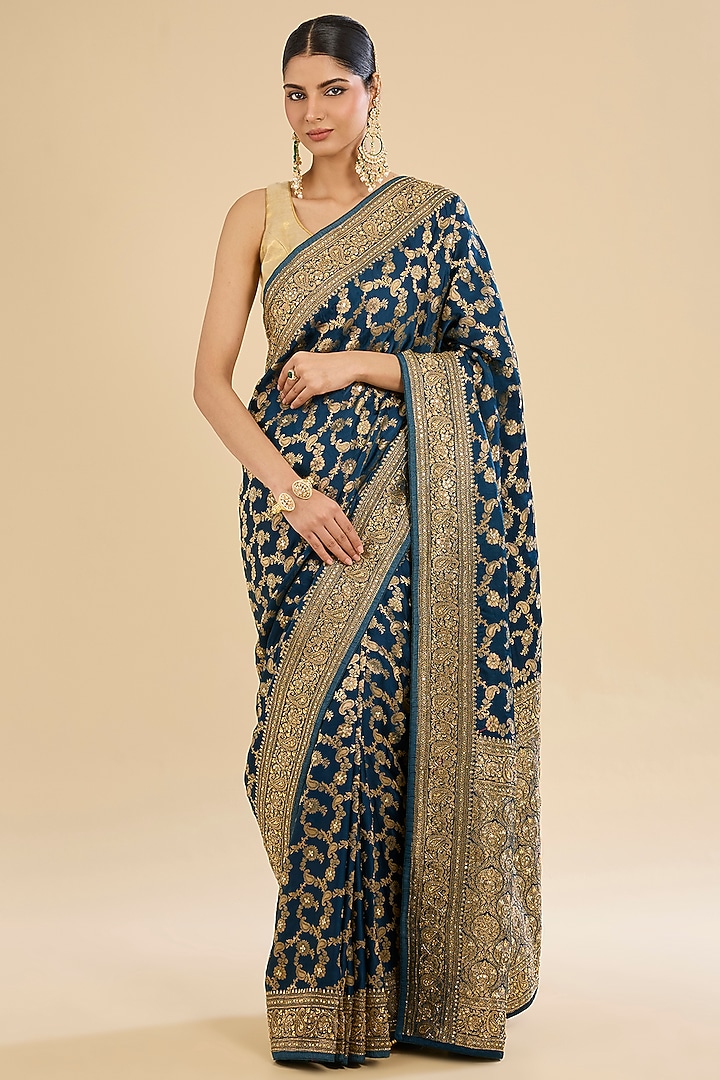 Peacock Green Satin Cutdana Embroidered Party Wear Saree Set by Narmadeshwari at Pernia's Pop Up Shop