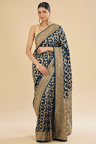 Peacock Green Satin Cutdana Embroidered Saree Set by Narmadeshwari