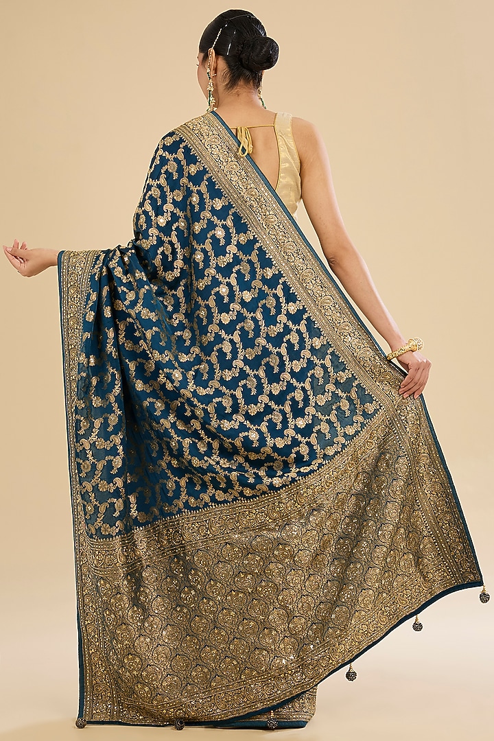 Peacock Green Satin Cutdana Embroidered Party Wear Saree Set by Narmadeshwari at Pernia's Pop Up Shop