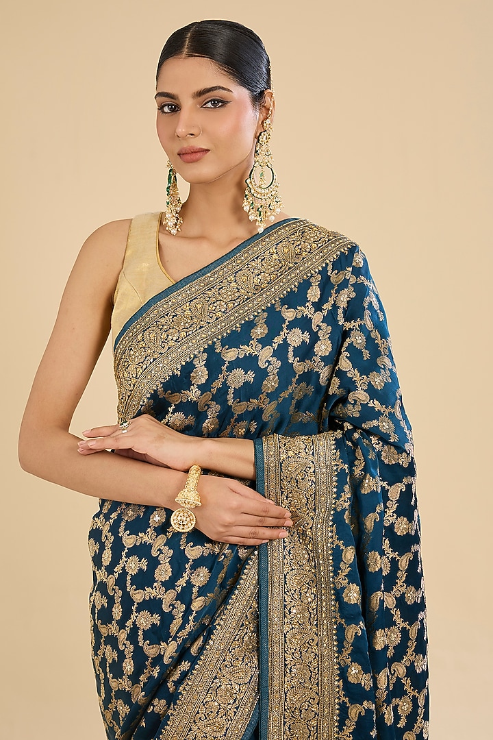 Peacock Green Satin Cutdana Embroidered Party Wear Saree Set by Narmadeshwari at Pernia's Pop Up Shop