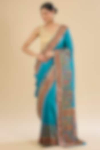Firozi Blue Crepe Silk Elephant Motif Embellished Festive Saree Set by Narmadeshwari at Pernia's Pop Up Shop