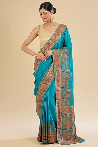 Firozi Blue Crepe Silk Elephant Motif Embellished Saree Set by Narmadeshwari