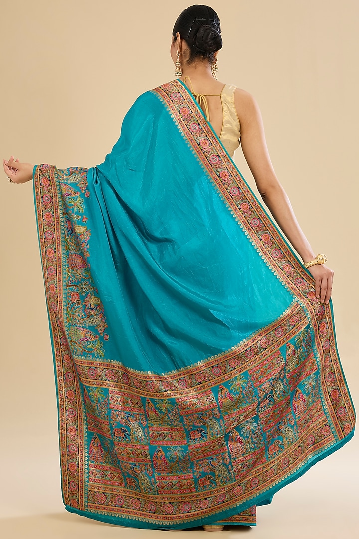 Firozi Blue Crepe Silk Elephant Motif Embellished Festive Saree Set by Narmadeshwari at Pernia's Pop Up Shop