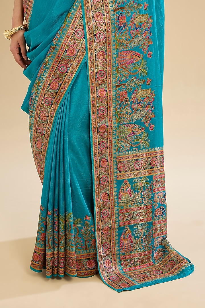 Firozi Blue Crepe Silk Elephant Motif Embellished Festive Saree Set by Narmadeshwari at Pernia's Pop Up Shop