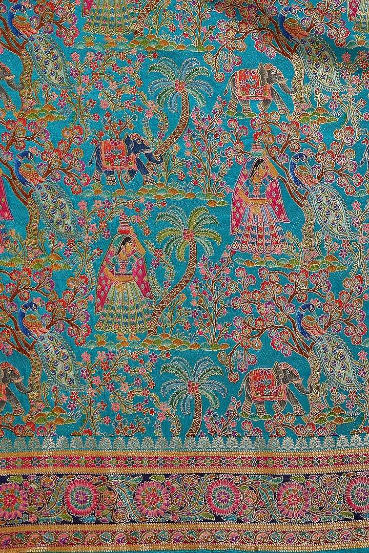 Firozi Blue Crepe Silk Elephant Motif Embellished Festive Saree Set by Narmadeshwari at Pernia's Pop Up Shop