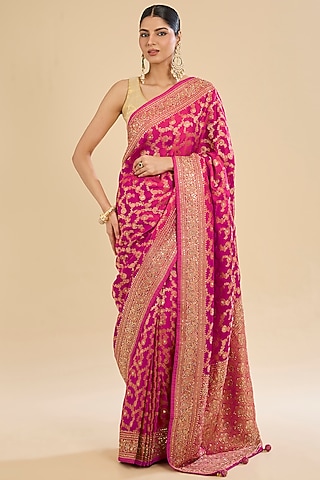 Magenta Satin Cutdana Embroidered Saree Set by Narmadeshwari