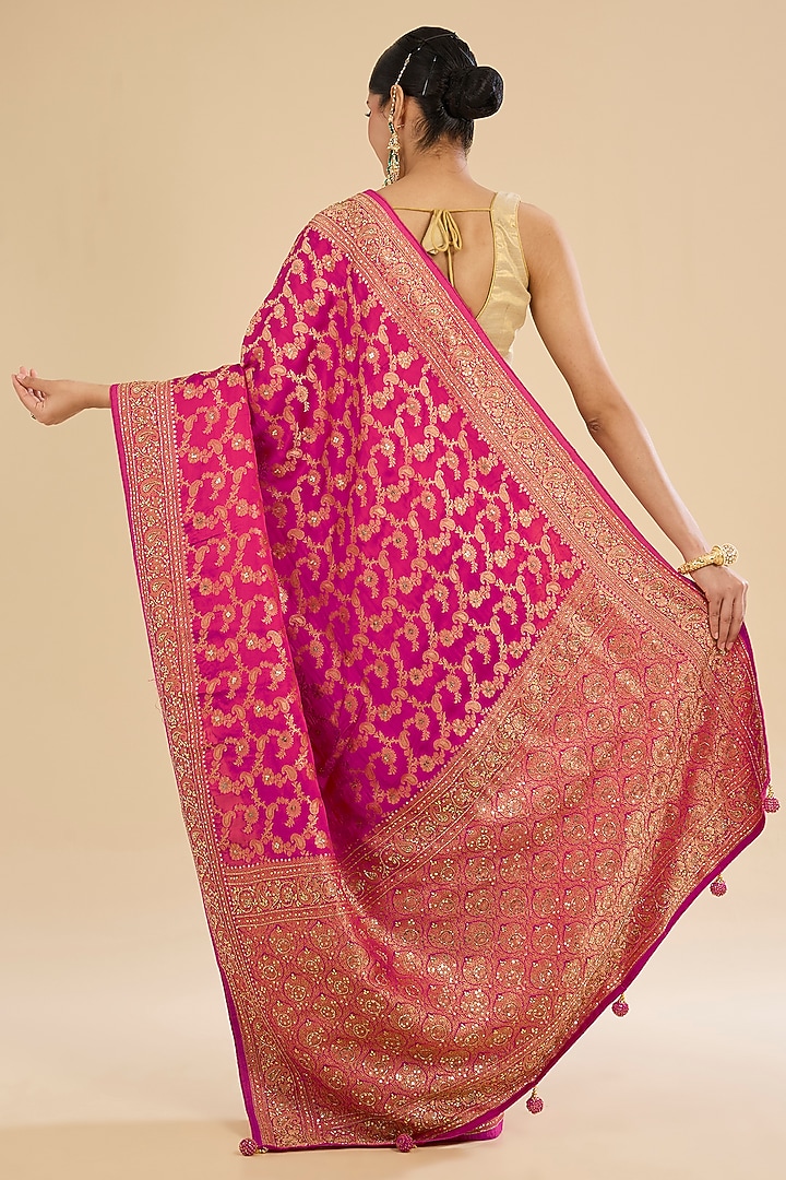 Magenta Satin Cutdana Embroidered Party Wear Saree Set by Narmadeshwari at Pernia's Pop Up Shop