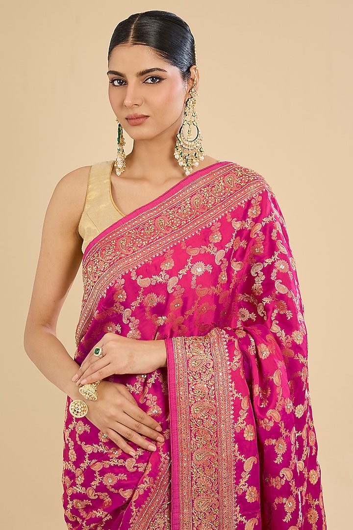 Magenta Satin Cutdana Embroidered Party Wear Saree Set by Narmadeshwari at Pernia's Pop Up Shop