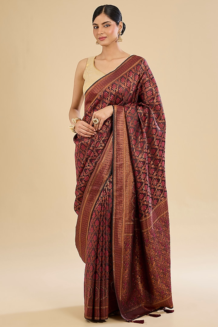 Cherry Red Banarasi Silk Zaal Embellished Festive Saree Set by Narmadeshwari at Pernia's Pop Up Shop