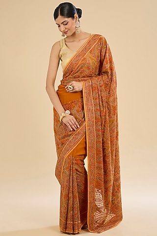Mustard Georgette Kashmiri Hand Embroidered Saree Set by Narmadeshwari