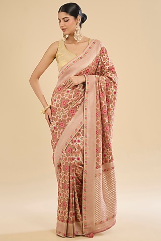 Peach Khadi Georgette Zaal Embroidered Saree Set by Narmadeshwari