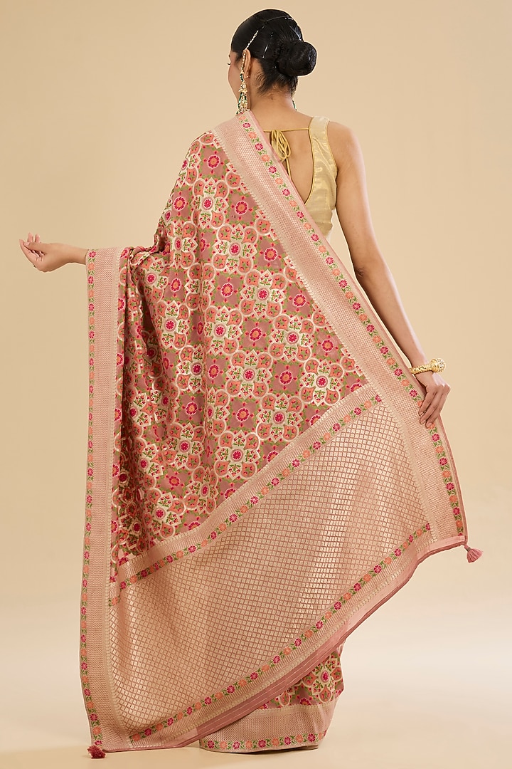 Peach Khadi Georgette Zaal Embroidered Party Wear Saree Set by Narmadeshwari at Pernia's Pop Up Shop