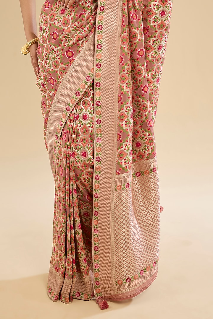 Peach Khadi Georgette Zaal Embroidered Party Wear Saree Set by Narmadeshwari at Pernia's Pop Up Shop