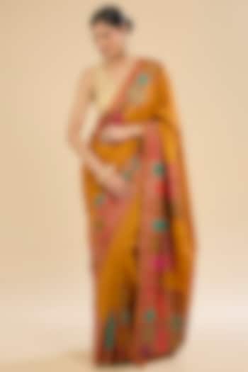 Mustard Silk Floral Embroidered Party Wear Saree Set by Narmadeshwari at Pernia's Pop Up Shop
