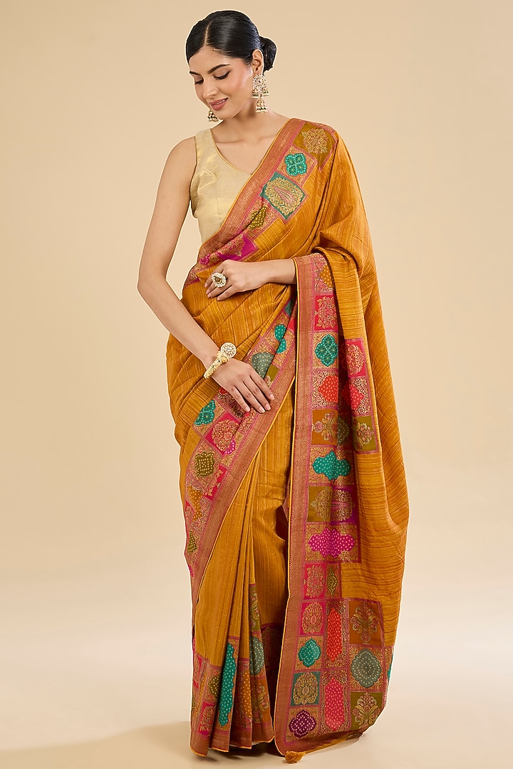 Mustard Silk Floral Embroidered Party Wear Saree Set by Narmadeshwari at Pernia's Pop Up Shop