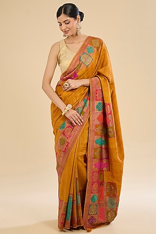 Mustard Silk Floral Embroidered Saree Set by Narmadeshwari