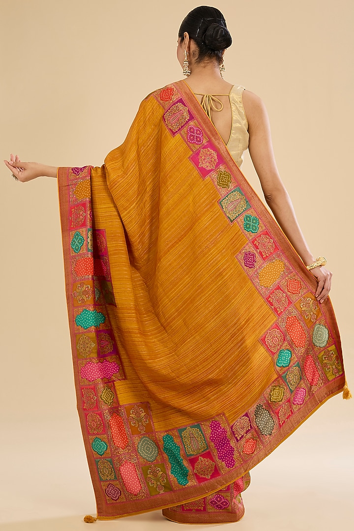 Mustard Silk Floral Embroidered Party Wear Saree Set by Narmadeshwari at Pernia's Pop Up Shop