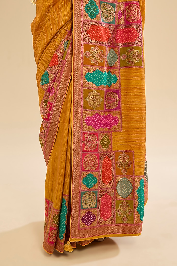 Mustard Silk Floral Embroidered Party Wear Saree Set by Narmadeshwari at Pernia's Pop Up Shop