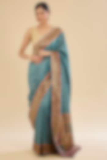 Firozi Blue Silk Floral Embroidered Festive Saree Set by Narmadeshwari at Pernia's Pop Up Shop