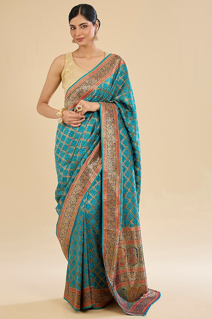 Firozi Blue Silk Floral Embroidered Festive Saree Set by Narmadeshwari at Pernia's Pop Up Shop