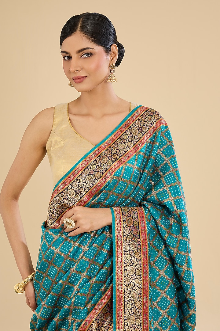 Firozi Blue Silk Floral Embroidered Festive Saree Set by Narmadeshwari at Pernia's Pop Up Shop
