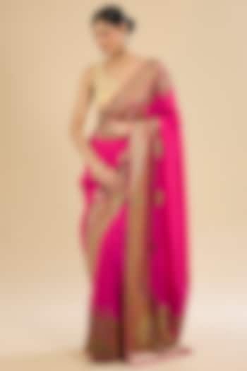 Magenta Pink Blend Silk Peacock Printed Festive Saree Set by Narmadeshwari at Pernia's Pop Up Shop