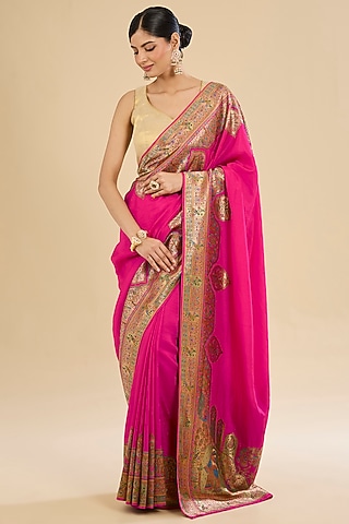 Magenta Pink Blend Silk Peacock Printed Saree Set by Narmadeshwari