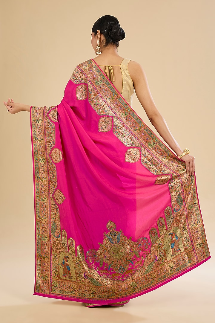 Magenta Pink Blend Silk Peacock Printed Festive Saree Set by Narmadeshwari at Pernia's Pop Up Shop