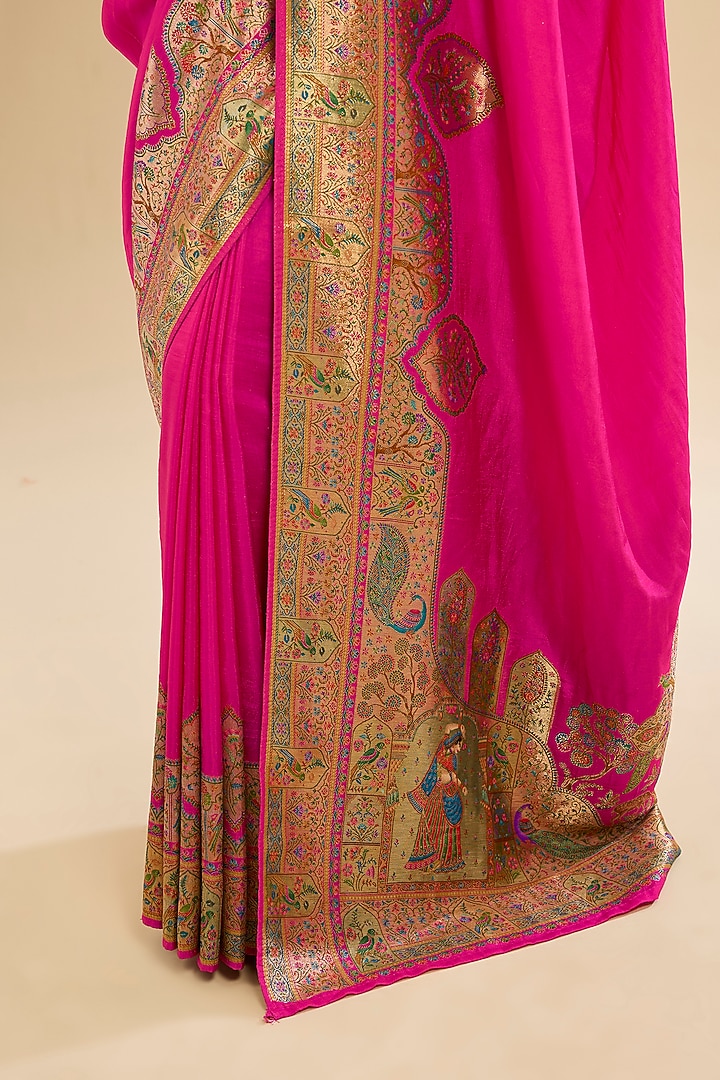 Magenta Pink Blend Silk Peacock Printed Festive Saree Set by Narmadeshwari at Pernia's Pop Up Shop