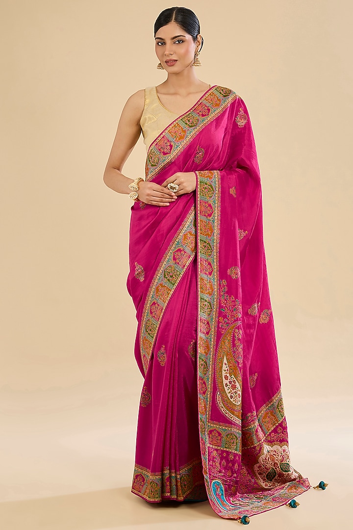 Pink Crepe Silk Embroidered Festive Saree Set by NARMADESHWARI at Pernia's Pop Up Shop