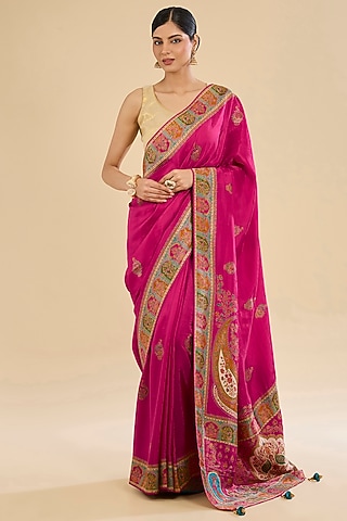 Pink Crepe Silk Embroidered Saree Set by NARMADESHWARI