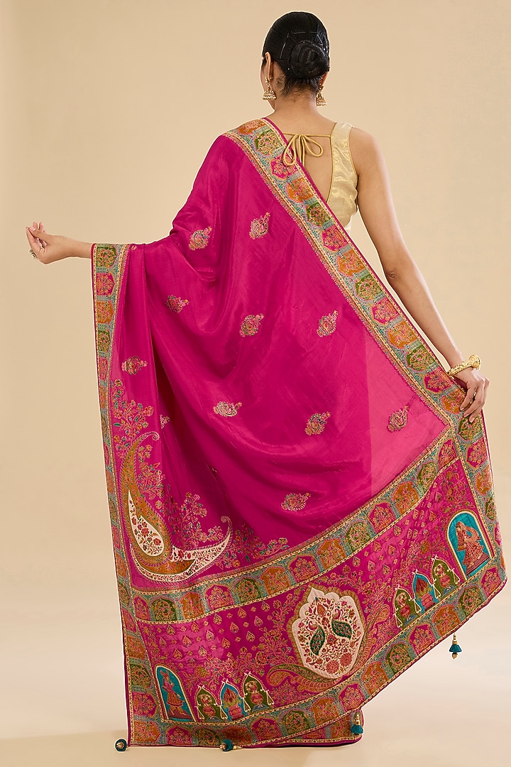 Pink Crepe Silk Embroidered Festive Saree Set by NARMADESHWARI at Pernia's Pop Up Shop