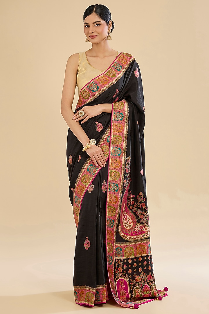 Black Crepe Embroidered Festive Saree Set by NARMADESHWARI at Pernia's Pop Up Shop