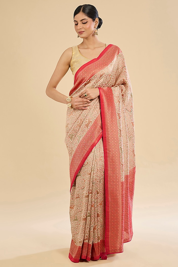 Beige Silk Embroidered & Printed Party Wear Saree Set by NARMADESHWARI at Pernia's Pop Up Shop