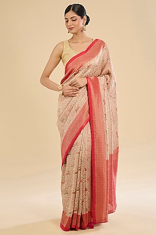 Beige Silk Embroidered & Printed Saree Set by NARMADESHWARI