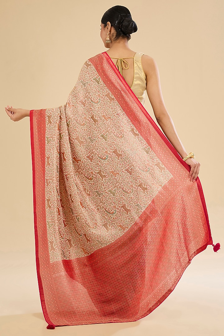 Beige Silk Embroidered & Printed Party Wear Saree Set by NARMADESHWARI at Pernia's Pop Up Shop